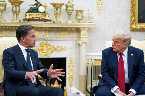 US President Donald Trump meets with NATO Secretary General Mark Rutte, where President Trump announces a deal to send US weapons to Ukraine through NATO, in the Oval Office at the White House in Washington, DC, US, July 14, 2025. (Reuters) 