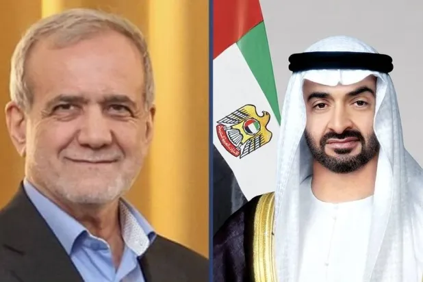 الشيخ محمد بن زايد رئيس دولة الإمارات والرئيس الإيراني مسعود بزشكيان (وام)