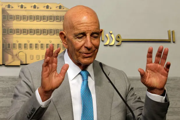 براك خلال تصريحه من مقر الحكومة اللبنانية في بيروت (أ.ف.ب)