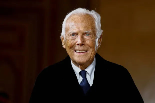 FILE PHOTO: Designer Giorgio Armani appears at the end of his Haute Couture Spring/Summer 2025 collection show for Giorgio Armani Prive in Paris, France, January 28, 2025. REUTERS/Sarah Meyssonnier/File Photo