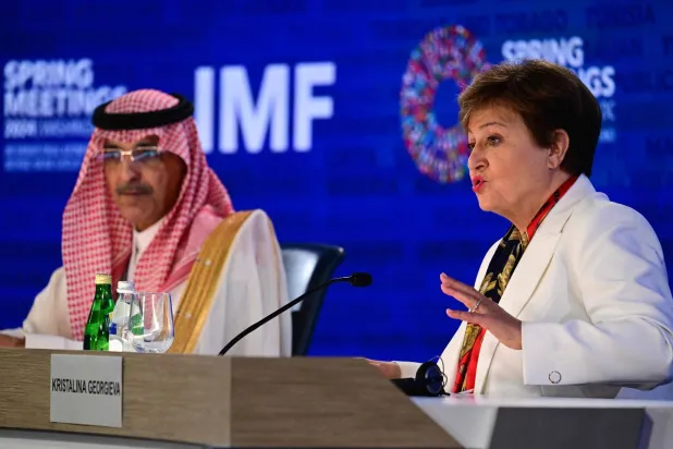 IMF Managing Director Kristalina Georgieva and Saudi Finance Minister Mohammed Al-Jadaan during a meeting of the IMF’s International Monetary and Financial Committee (AFP)