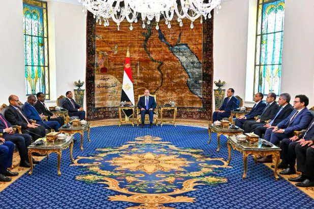 الرئيس المصري عبد الفتاح السيسي خلال استقبال رئيس مجلس الوزراء السوداني الانتقالي كامل إدريس في القاهرة الخميس (الرئاسة المصرية)