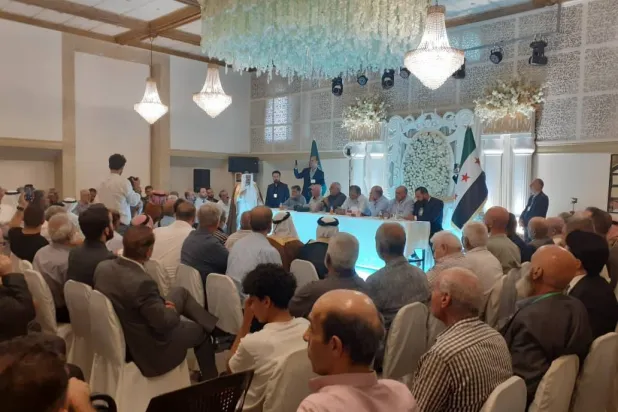 جانب من الملتقى التأسيسي لأبناء منطقة الزوية النازحين من الجولان (الشرق الأوسط)