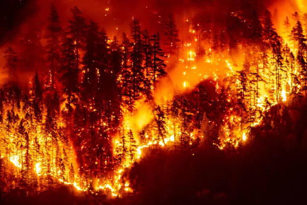 حرائق غابات في جبل أندروود بالقرب من بورت ألبيرني في جزيرة فانكوفر، كولومبيا البريطانية، كندا 12 أغسطس 2025 (أ.ف.ب)