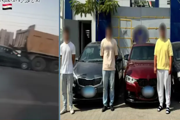 صورة للمتهمين وسيارة الفتيات المحطمة (وزارة الداخلية المصرية)