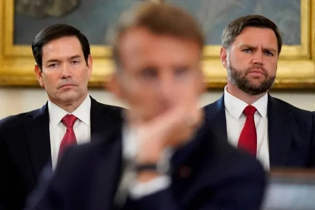 French President Emmanuel Macron meets US President Donald Trump at the White House in Washington, with Vice President JD Vance and Secretary of State Marco Rubio in the background. (Reuters) 