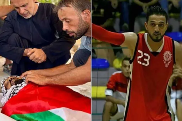 صورة مركبة لنجم كرة السلة الفلسطيني محمد شعلان وهو في الملعب وأخرى وهو ملفوف بالعلم الفلسطيني في جنازته