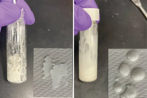 الطريقة الجديدة (يمين) تُغلّف المركبات الدوائية بطبقة تمنع التصاق البروتينات ببعضها وتحافظ على فعاليتها (جامعة ستانفورد)