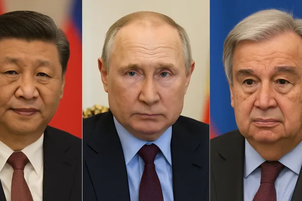 صورة مدمجة تظهر (من اليمين) الأمين العام للأمم المتحدة أنطونيو غوتيريش والرئيس الروسي فلاديمير بوتين والرئيس الصيني شي جينبينغ (الشرق الأوسط)