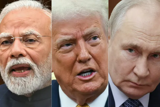 صورة مركبة للرئيسين الروسي فلاديمير بوتين والأميركي دونالد ترمب ورئيس الوزراء الهندي ناريندرا مودي (أ.ف.ب)