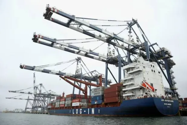 سفينة محمّلة بالحاويات في محطة الشحن بميناء سانتوس (رويترز)