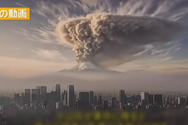 لقطة من الفيديو المنشأ بتقنية الذكاء الاصطناعي يُظهر ثوران بركان فوجي الياباني (يوتيوب)