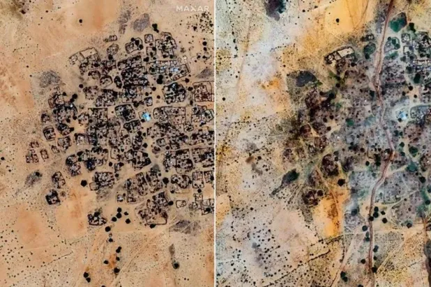 صورة بالقمر الاصطناعي لقرية السن غرب الفاشر تظهر جزءاً من الساتر الترابي وتدمير جزء من القرية مقارنة بصورة أقدم (ماكسار)