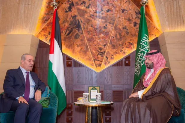 ولي العهد السعودي خلال مباحثاته مع نائب رئيس دولة فلسطين (واس)