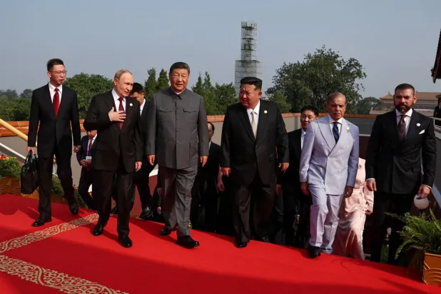 Russian President Vladimir Putin, Chinese President Xi Jinping, North Korean leader Kim Jong Un, Pakistan's Prime Minister Shehbaz Sharif and heads of foreign delegations arrive for a military parade marking the 80th anniversary of the end of World War Two, in Beijing, China September 3, 2025. Sputnik/Alexander Kazakov/Pool via REUTERS  