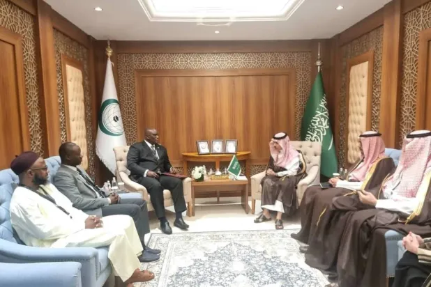 Saudi Foreign Minister Prince Faisal bin Farhan bin Abdullah and Minister of Foreign Affairs, International Cooperation and Gambians Abroad Sering Modou Njie meet in Jeddah last week. (Gambian Foreign Ministry) 