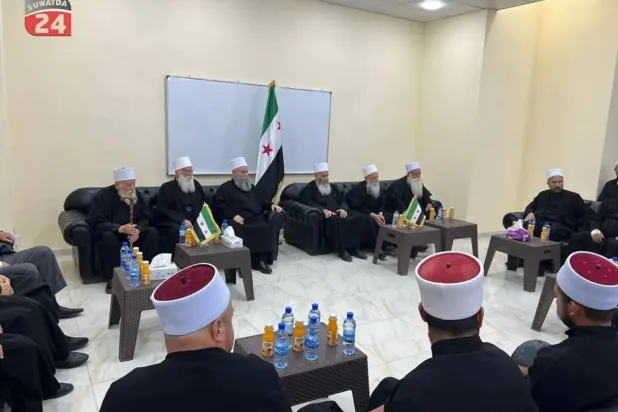 A delegation of Sweida Druze elders visits Daraya near Damascus in May. (Suwayda 24)