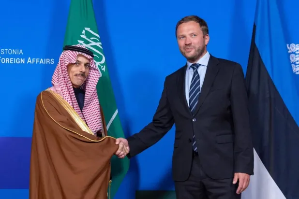 Minister Margus Tsahkna welcoming Prince Faisal bin Farhan in the Estonian capital, Tallinn, July 2024 (Saudi Foreign Ministry)