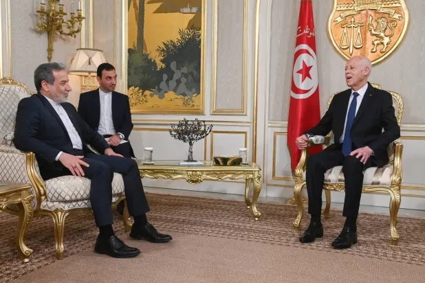 Tunisia’s President Kais Saied meets Iranian Foreign Minister Abbas Araghchi in Tunis on Wednesday (Tunisian Presidency)