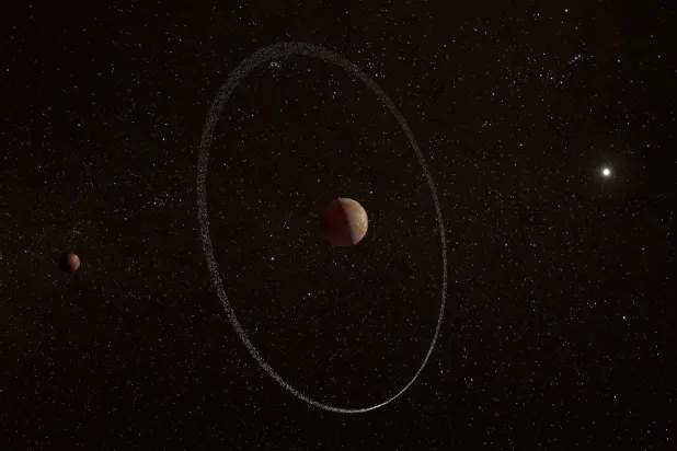 رسم توضيحي للكوكب القزم «كواوار» خلف بلوتو محاطاً بحلقة وقمره «ويووت» (رويترز)