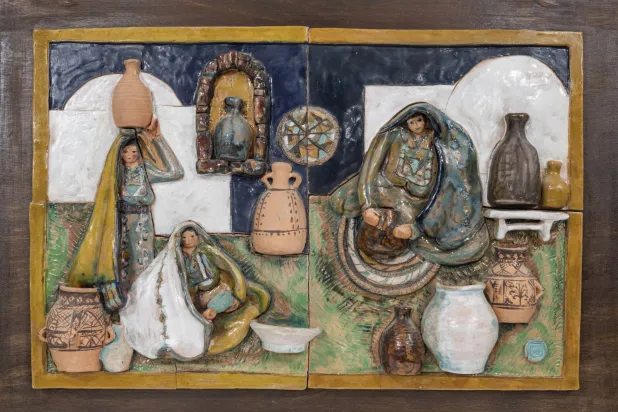 «نساء فلسطينيات في العمل» 1979م للفنانة فيرا تماري (مقتنيات مؤسسة بارجيل للفنون - الشارقة)