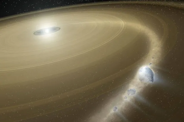 تصوّر فني يُظهر قزماً أبيض تحيط به سحابة حطام ناتج عن جسم شبيه بالكوكب القزم بلوتو يتفكك ويتساقط نحوه (ناسا)