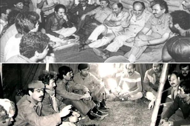 Atallah, Yasser Arafat, George Hawi, Mohsen Ibrahim and other fighters during the siege. (Courtesy of Elias Atallah) 