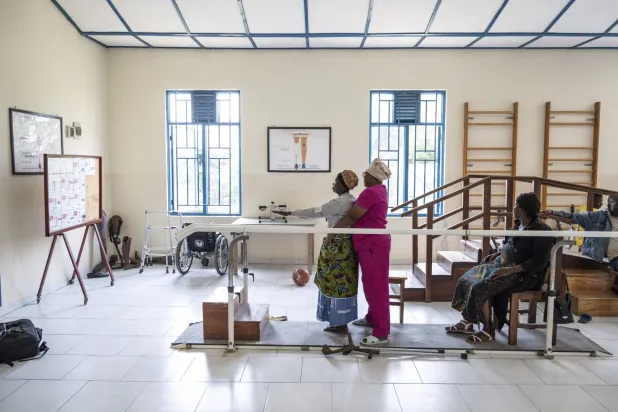 Amputes, many wounded by fighting in the region, exercise at an orthopedic center run by the Catholic church and supported by Red Cross in Goma, eastern Congo, Friday, Aug. 29, 2025. (AP Photo/Moses Sawasawa)