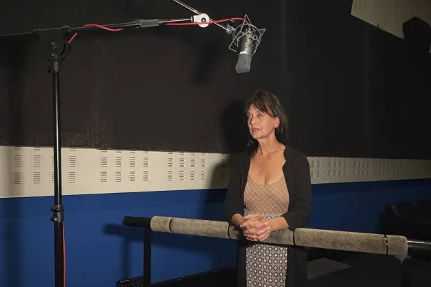 Françoise Cadol poses in a dubbing studio, in Saint Denis, outside Paris, France, Monday, Sept. 15, 2025. (AP) 