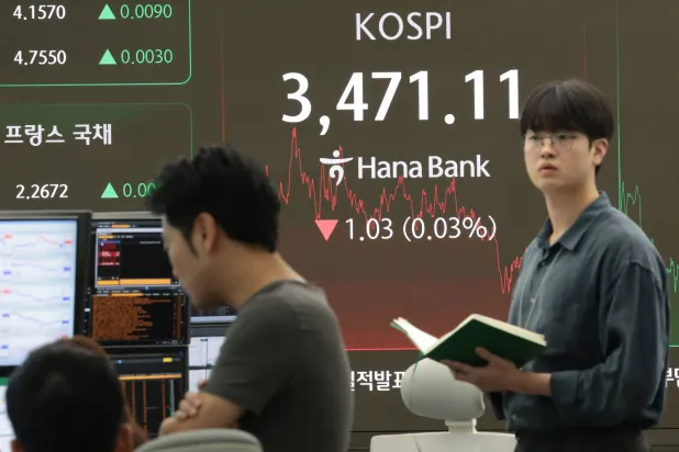 شاشة تداول ببنك هانا في سيول تُظهر مؤشر «كوسبي» (إ.ب.أ)