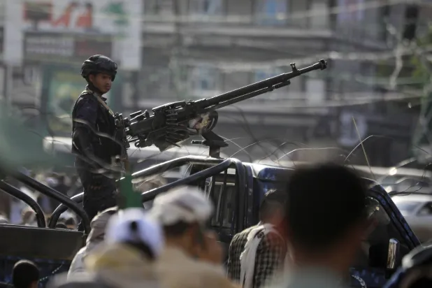 A Houthi militiaman mans a machine gun on a pick-up truck while on patrol in Sanaa, Yemen, 26 September 2025. EPA/YAHYA ARHAB
