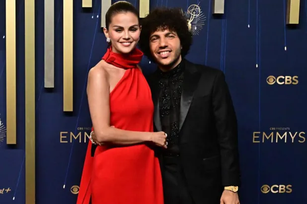 US actress Selena Gomez (L) and her fiance producer Benny Blanco, seen here on the Emmy Awards red carpet, got engaged in December 2024. Frederic J. Brown / AFP
