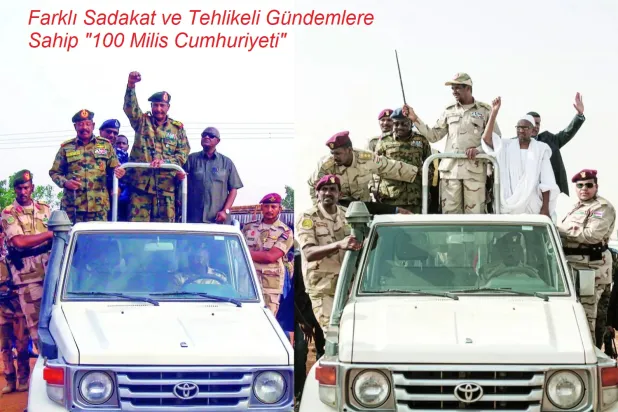 Burhan ve Hamideti’nin Beşir rejimini devirmek için iş birliği yaptıkları ve mevcut savaşta birbirleriyle savaşmaya başlamadan önceki dönemden bir kare (Arşiv- AFP)