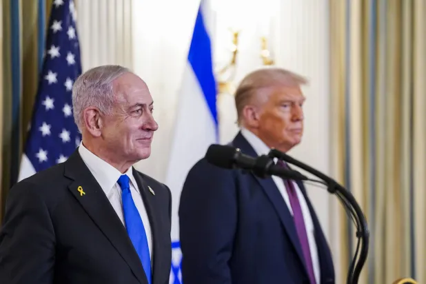 US President Donald Trump (R) and Israeli Prime Minister Benjamin Netanyahu (L) participate in a joint press conference in the State Dining Room of the White House in Washington, DC, USA, 29 September 2025. (EPA)