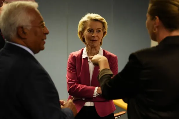 Denmark's Prime Minister Mette Frederiksen (R), President of the European Council Antonio Costa (L) and President of the European Commission Ursula von der Leyen (C) meet with Ukraine's President Volodymyr Zelensky (not pictured) on the sidelines of the 7th meeting of the European Political Community (EPC) in Copenhagen, Denmark, 02 October 2025. (EPA)