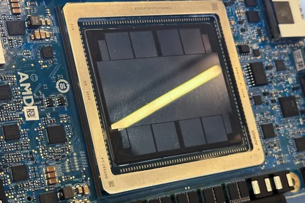 An Advanced Micro Devices (AMD) MI350 series artificial intelligence chip is displayed at the San Jose McEnery Convention Center, in San Jose, California, US, June 12, 2025. (Reuters) 