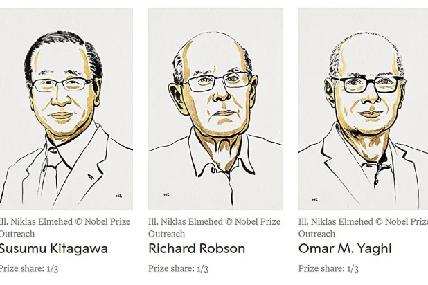 العلماء الحائزون على الجائزة كيتاغاوا وروبسون وياغي (لجنة نوبل)