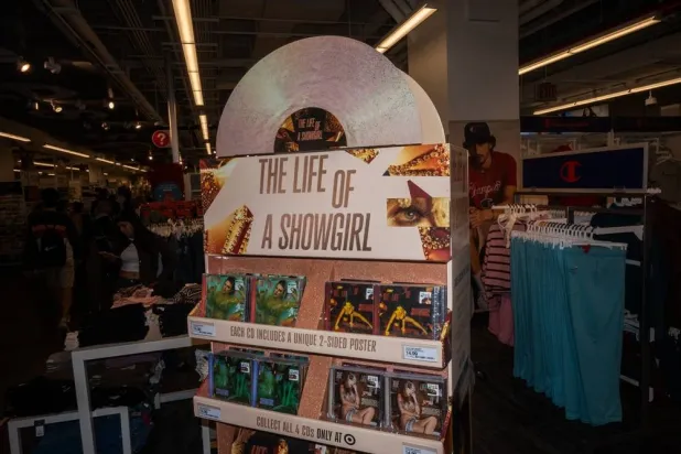Copies of US singer Taylor Swift's album "The Life of a Showgirl" are seen on a stand during the release party at Target in Times Square, in New York, New York, USA, 03 October 2025. (EPA)