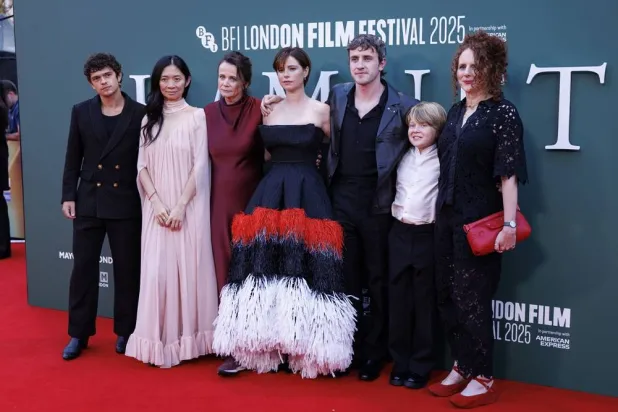 (L-R) British actor Noah Jupe, Chinese film director Chloe Zhao, English actor Emily Watson, Irish actor Jessie Buckley, Irish actor Paul Mescal, British actor Jacobi Jupe, and Northern Irish novelist Maggie O'Farrell attend the "Hamnet" gala screening during the BFI London Film Festival at Royal Festival Hall in London, Britain, 11 October 2025. (EPA)