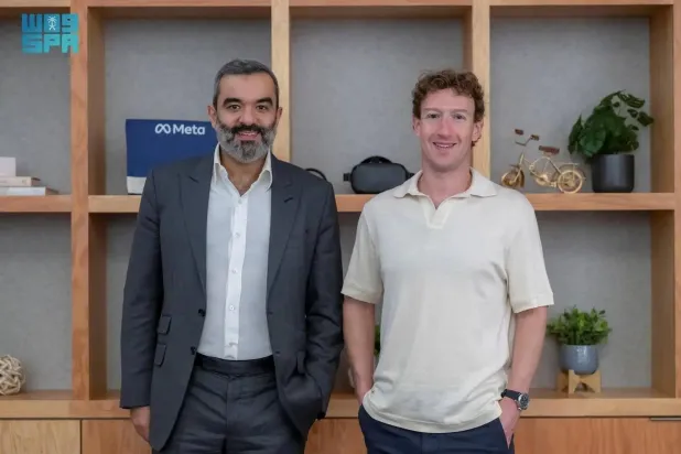 Saudi Minister of Communications and Information Technology Eng. Abdullah Alswaha meets with Founder, Chairman and CEO of Meta Mark Zuckerberg. (SPA)