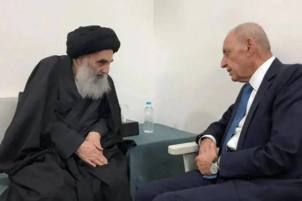 A file photo from Sistani’s website shows his meeting with Lebanese parliament Speaker Nabih Berri in April 2019. 