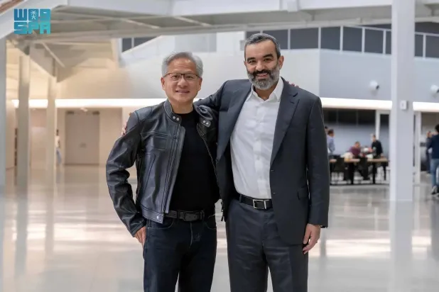 Saudi Minister of Communications and Information Technology Eng. Abdullah Alswaha meets with Nvidia CEO Jensen Huang in the US on Thursday. (SPA)