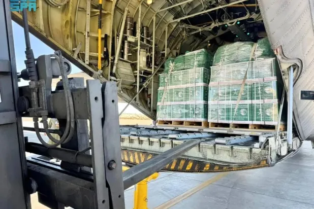 The 69th Saudi relief plane is carrying essential supplies, including food baskets and shelter kits. (SPA)