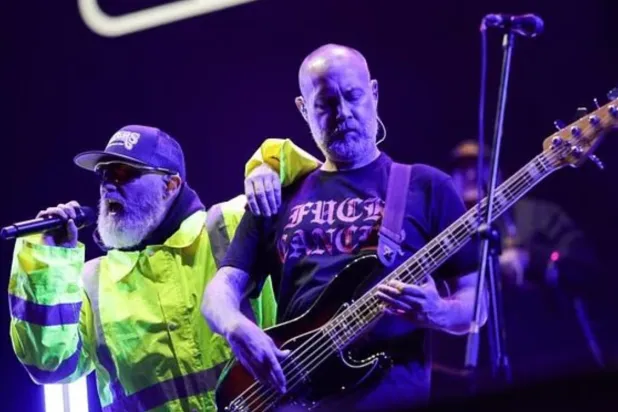 Fred Durst (L) and Sam Rivers from the US band "Limp Bizkit" perform in Bogota on March 21, 2024 - AFP