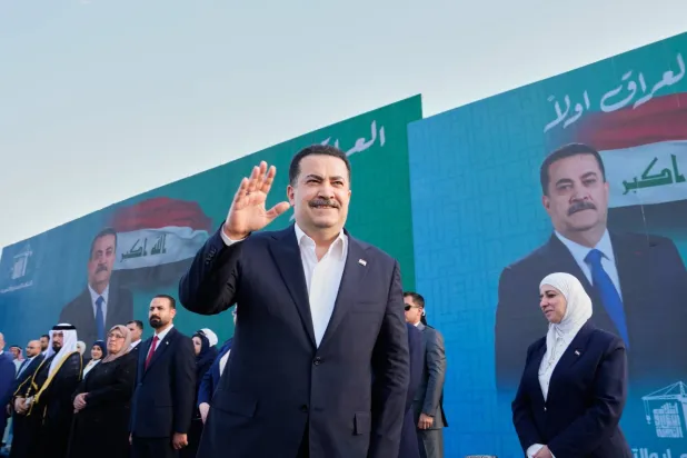 Iraqi Prime Minister Mohammed Shia al-Sudani arrives to his political block campaign rally before the parliamentary elections in Mosul, Iraq, Saturday, Oct. 18, 2025. (AP)
