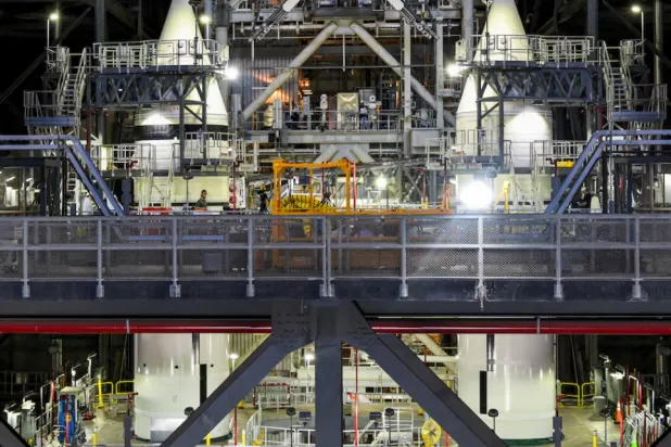 Scaffolding surrounds the Artemis solid rocket boosters inside the Vehicle Assembly Building High Bay 3 during a NASA media day event at the Kennedy Space Center in Cape Canaveral, Florida, US, March 7, 2025. REUTERS/Steve Nesius/File Photo