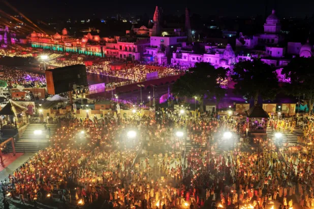 About 2.61 million oil lamps are lit along the Saryu river during Deepotsav celebrations on the eve of Diwali, creating a new Guinness World Record, in Ayodhya, India, Sunday, Oct. 19, 2025 (AP Photo/Rajesh Kumar Singh)