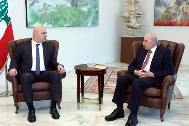 President Joseph Aoun and parliament Speaker Nabih Berri meet at the Baabda palace on Monday. (Lebanese presidency)