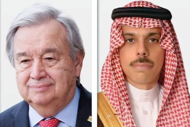 شاهزاده فيصل بن فرحان، وزیر خارجه پادشاهی عربی سعودی، و آنتونیو گوترش، دبیرکل سازمان ملل (الشرق الأوسط)