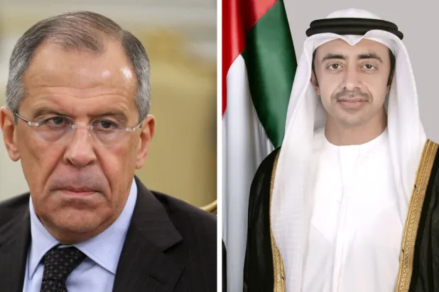 الشيخ عبد الله بن زايد وزير الخارجية الإماراتي وسيرغي لافروف وزير الخارجية الروسي (وام)